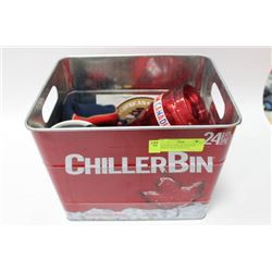 CANADIAN CHILLER TIN WITH BOBBLE HEAD, BEER MUG,