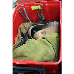RED TUB WITH WELDING JACKET, SLEEVES, HAT, TOOLS