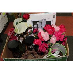BOX WITH NEW SERVING TRAYS, SILK FLOWERS, 3-PCE