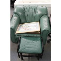 GREEN LEATHER CHAIR WITH ROCKING OTTOMAN