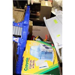 BOX OF MISC. CRAYOLA MAKER, COCA COLA MUG, 17 TOY