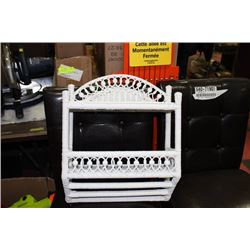 SET OF WOOD DISHES, WHITE WHICKER SHELF AND BLUE