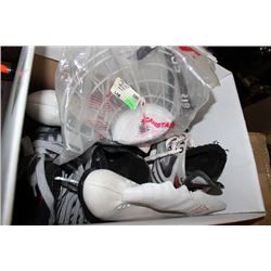 BOX OF MISC. ICE SKATES AND COOPER FACE GUARD
