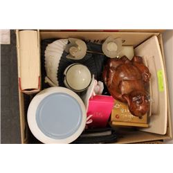 ASSORTED BOX OF HOUSEHOLD ITEMS WITH NEW BOTTLE