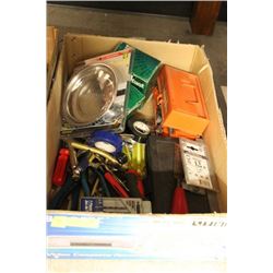 BOX FULL OF TOOLS INCLUDING ROUTER BITS , WRENCHES