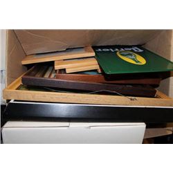 BOX WITH GLASS CHESS SET AND ASSORTED PICTURES