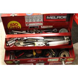 RED STEEL TOOLBOX FULL OF TOOLS, WRENCHES, SOCKETS