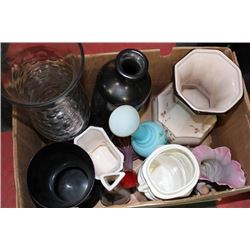 BOX OF VASES BRASS & GLASS, AND VINTAGE BLACK ROSE