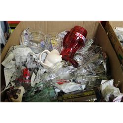 BOX OF BEER MUGS, COCA-COLA GLASSES ETC