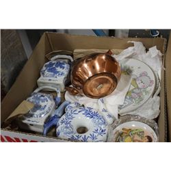 BOX W /BLUE & WHITE CERAMIC DECANTERS & 3 PLATES