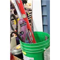 PAIL OF ASSORTED TOOLS INCLUDES CROWBARS, LEVELS,
