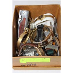 BOX OF WATCHES, KNIVES, ETC.