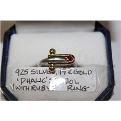 14K GOLD "PHALIC" SYMBOL WITH RUBY ON .925 RING