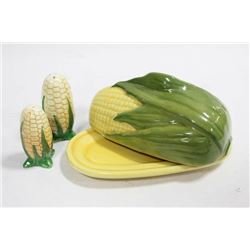 BOX WITH SHAWNEE STONEWARE,  BUTTER AND S&P