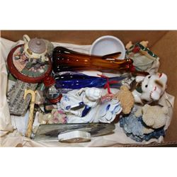 BOX W/ GLASS ART, CERAMIC ORNAMENTS, ETC.