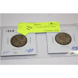 1938-39 GEORGE VI SILVER 25 CENT COINS X2
