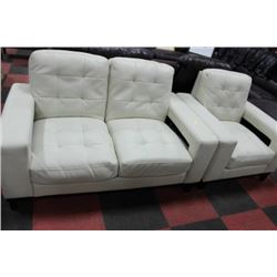 WHITE LEATHERETTE DESIGNER LOVE SEAT W CHAIR