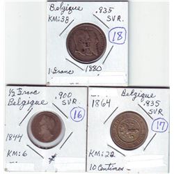Belgium;  1844 ½ fr, 1864 10 centimos and 1880 1 fr.  Three coins F-VF.