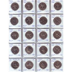Cuba; Lot of 20 commemorative 1 Peso coin from 1977 (5) , 1980 (4) & 1981 (11) all BU and worth betw