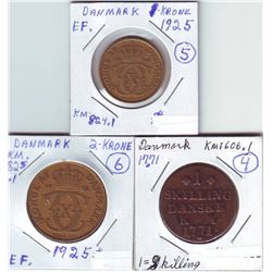 Denmark;  1771 1 Skilling, 1925 1 Krone and 2 krone.  Three coins VF.