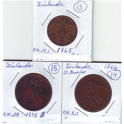 Finland;  1865 5 pennia, 1866 1895 10 pennia.  Three coins VF-EF.
