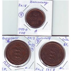 Guernsey; 1834, 1858 8 Doubles and 1889H 4 Doubles.  Three coins EF-UNC.