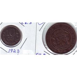 Luxembourg; 10 Centimes 1860A in VF+ and 1923 in AU. Lot of 2 coins.