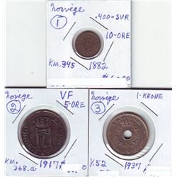 Norway; 1882 10 Ore, 1917 5 Ore & 1937 1 Krone.  VF to EF.