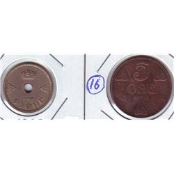 Norway; 50 Ore 1928 EF and 5 Ore 1922 EF+. Lot of 2 coins.