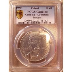 Poland; 1933 10 Zlotich PCGS AU details Cleaning.