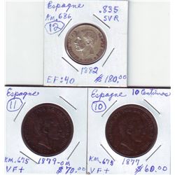 Spain;  1877, 1879 10 centimos and 1882 una pesetas.  Three coins VF+.