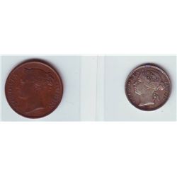 Straits Settlement; 1845 ½ Cents and 1900 10 Cents.  Two coins VF-EF.