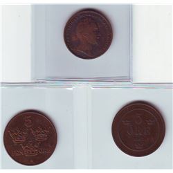 Sweden; 1845 2/3 skilling, 1882 and 1922 5 ore.  Three coins VF-EF.