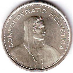 Switzerland; 1967B 5 Franc white and lustre.