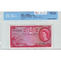 British Caribbean Territories; $1.00 note 1962, CCCS AU-50, Pick # 7c, serial J4-557863.