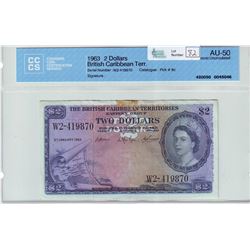 British Caribbean Territories; $2.00 note 1963, CCCS, AU-50, Pick # 8c, Serial number: W2-419870, gl