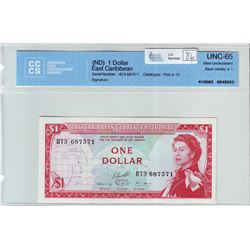 East Caribbean; $1.00 note ND (1965), CCCS UNC-65, Pick # 13, serial B73 687571.