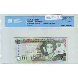 East Caribbean; $5.00 note  1994, CCCS UNC-65, Pick # 26a, serial A120310A.