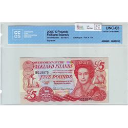 Falkland Islands; 5 Pounds note 2005, CCCS UNC-63, Pick # 17a, serial B019875.