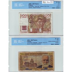 France; 100 Francs note, 4-9-1952, Pick # 128d, Y.481, CCCS F-15: Pinholes & 500 Francs note, 4-3-19