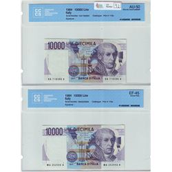 Italy; 10000 Lire note, 3-9-1984, Pick # 112a, HA718306A, CCCS AU-50 & MA252556A, CCCS EF-45. Lot of