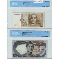 Germany; 50 Marks note CCCS, VF-30, Pick # 45, Serial Number: DL6399890D0. Portugal, 1000 Escudos no