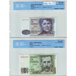 Spain; 500 Pesetas note 1979, CCCS, AU-50, Pick # 157, serial X8211717. Bank of Spain; 1000 Pesetas 