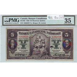 Banque Canadienne Nationale, 85-12-02, 1929, $5.00 note, Beique Leman, serial 1202039, PMG VF-35.