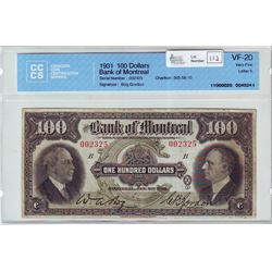 The Bank of Montreal, 505-58-10, 1931, $100.00 note, Bog Gordon, serial 002325, CCCS VF-20; Letter B