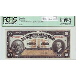 La Banque Nationale, 510-22-04S , 1922, $10.00 Specimen note, PCGS UNC-64PPQ Hole Punch Cancelled.