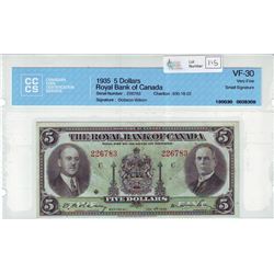 The Royal Bank of Canada, 630-18-02, 1935, $5.00 note, Dobson Wilson, serial 226783, CCCS VF-30, Sma