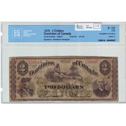 Dominion of Canada; $2.00 note 1870, DC-3b, serial 139847, Payable at Toronto, Letter C, CCCS F-12, 
