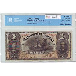Dominion of Canada; $1.00 note 1898, DC-13c, serial 362282, ONE,s Outward, Letter A, CCCS EF-40.