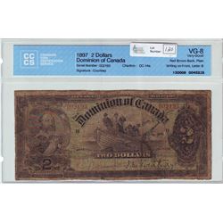 Dominion of Canada; $2.00 note 1897, DC-14a, serial 002193, Red Brown Back, Plain, Letter B, CCCS VG